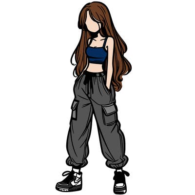 girl in baggy pants crop top and long hair