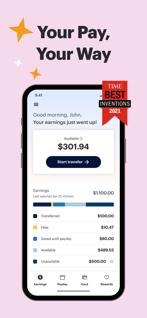 DailyPay mobile app interface showing earned wages and a button to start a pay transfer
