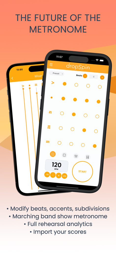 DropSpin Metronome - DropSpin Metronome app interface showing beat customization and rehearsal analytics features on two smartphones