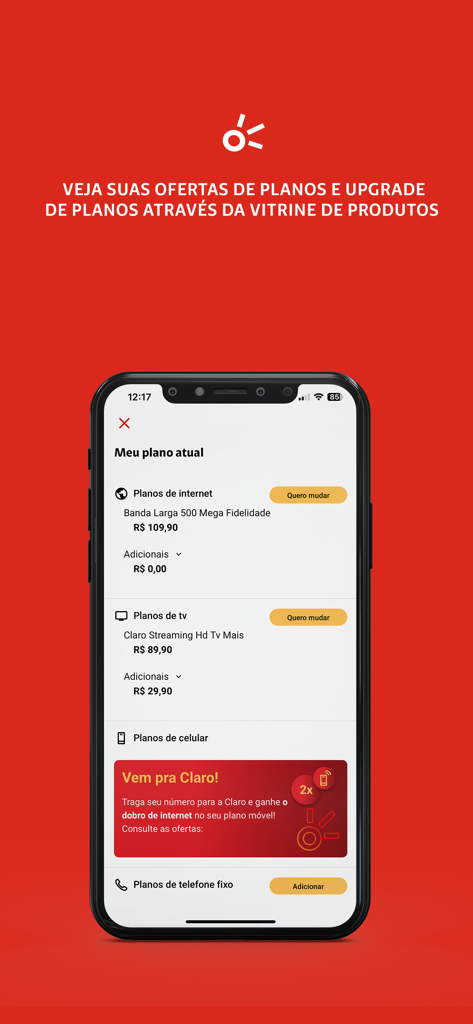 Minha Claro Residencial (NET) - Interface do aplicativo Minha Claro Residencial mostrando os planos atuais de serviço de internet e TV com opções de upgrade.