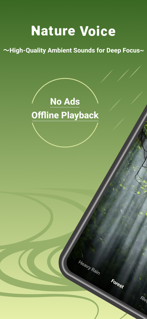NatureVoice(BGM For Sleep) - Nature Voice app screen highlighting ambient sounds for focus with no ads and offline playback features