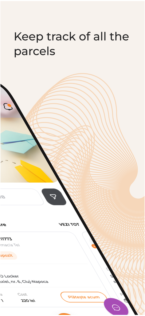Cargus Mobile - Mobile app screen showing parcel tracking interface with shipment details and payment options