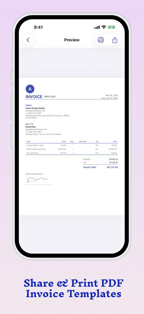 Invoice Maker Estimate Billing - Pantalla de la aplicación móvil que muestra una vista previa de una factura profesional en PDF con una firma electrónica