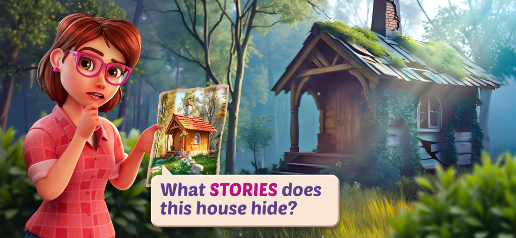 Lily’s Garden: Match & Design - 릴리가 개조된 코티지 사진을 낡고 허름한 집 옆에 들고 있는 모습.