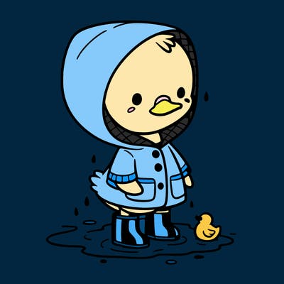 baby duck in a rain coat and boots, in a puddle while it’s raining