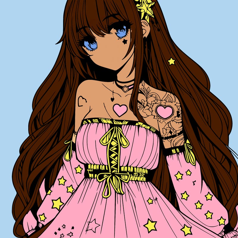 realistic anime girl with long hair star heart tattoos with a fabric dress