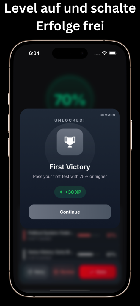 Einbürgerung Schweiz Test 2026 - Pantalla móvil que muestra una notificación de logro desbloqueado para la aplicación del examen de ciudadanía suiza