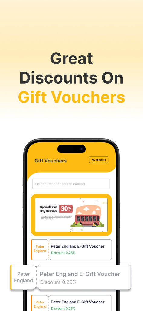 YPay: Card & Payments - YPay mobile app screen displaying gift vouchers and special promotional discounts