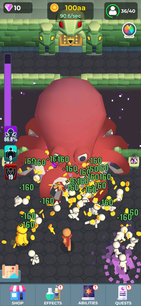Tentacular Worship - A giant red tentacle monster sacrificing followers to earn gold coins in the Tentacular Worship game interface.