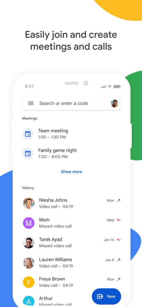 Google Meet mobile app interface displaying a list of upcoming meetings and recent call history