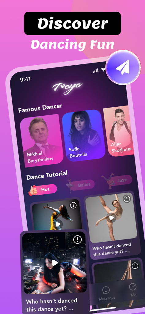 Tela inicial do aplicativo Teyo com dançarinos famosos e várias categorias de tutoriais de dança.