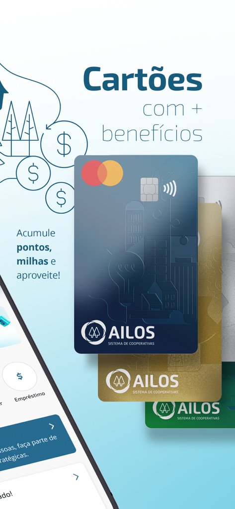 Ailos plus app screen displaying various credit cards with benefits and rewards