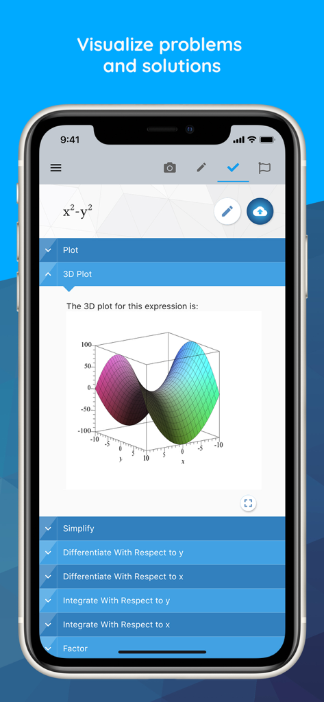Maple Calculator: Math Solver - A 3D graph visualization of a mathematical expression inside the Maple Calculator mobile app
