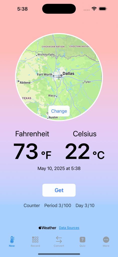 FahrenCelsi - FahrenCelsi app interface showing 73 degrees Fahrenheit and 22 degrees Celsius with a map of Dallas