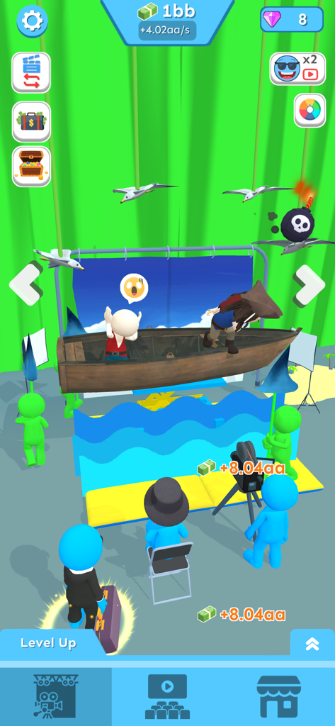 Cinema City 3D - 시네마 시티 3D의 3D 게임 플레이 스크린샷, 보트 위의 캐릭터들과 그린 스크린 배경이 있는 영화 스튜디오 제작 장면