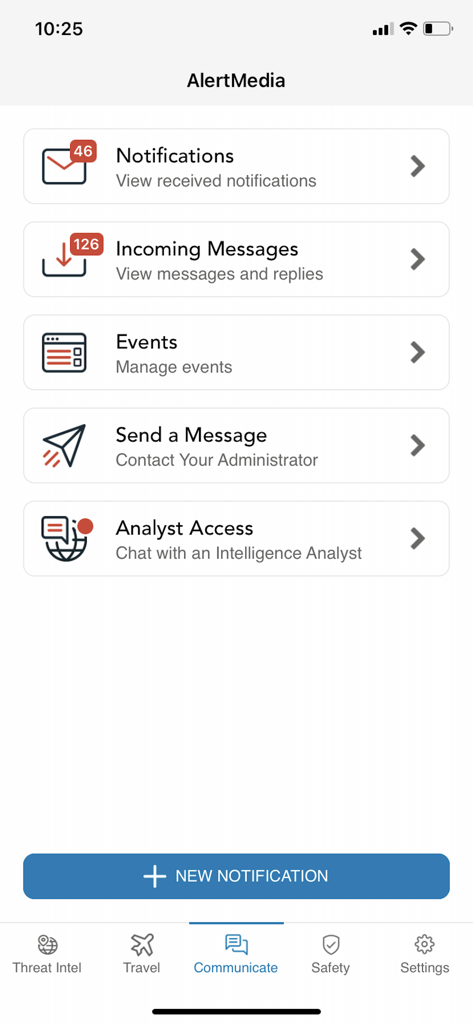 AlertMedia - AlertMedia app interface showing options for notifications messages and event management