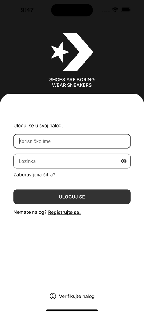 Converse Srbija - Página de inicio de sesión de la aplicación móvil Converse Srbija que muestra el logo de la marca y los campos de entrada para nombre de usuario y contraseña.