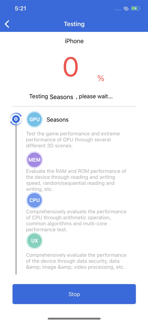 AnTuTu Benchmark app screen displaying hardware performance testing categories for CPU GPU and memory