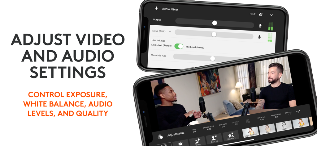 Interface do aplicativo Logitech Mevo mostrando controles de ajuste de vídeo e configurações do mixer de áudio para streaming ao vivo