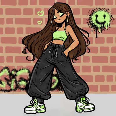 girl in baggy pants crop top and long hair