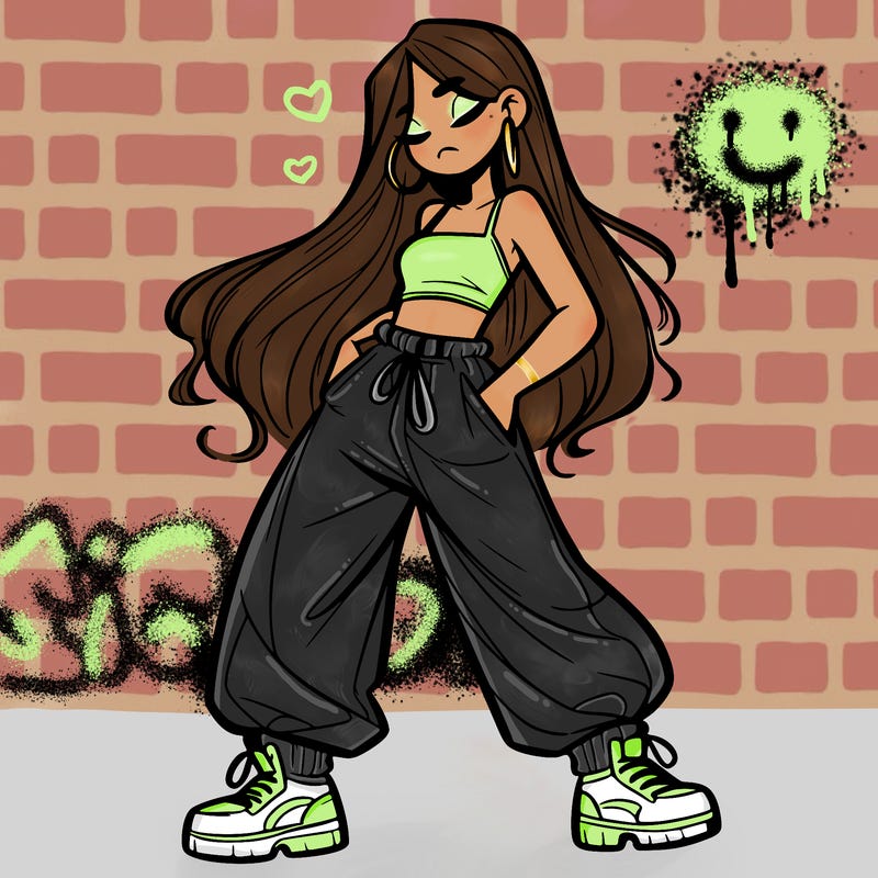 girl in baggy pants crop top and long hair