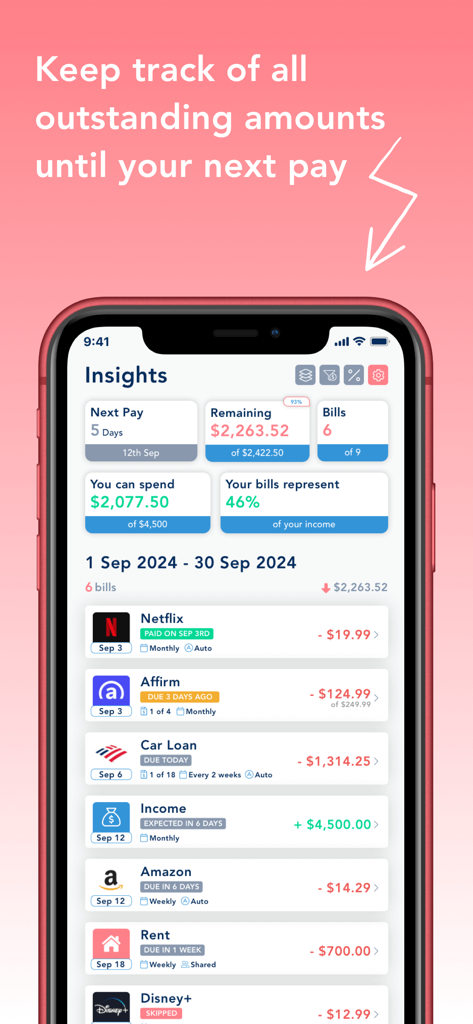 BillOut - Bill Tracker - BillOut app dashboard showing upcoming bills next payday and remaining spendable balance