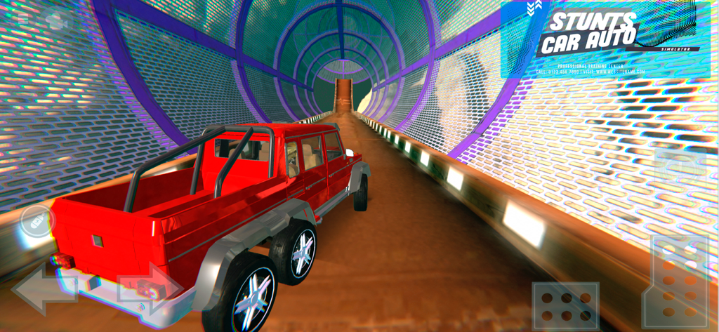 Car Crash City Tourism - A red six-wheeled off-road vehicle racing through a vibrant neon tunnel track