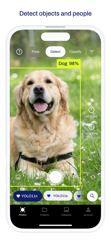 Ultralytics HUB - A smartphone screen showing the Ultralytics HUB app detecting a dog in real time using a YOLO model