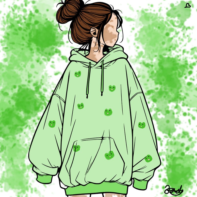 realistic girl with a oversized sweatshirt on and a bun