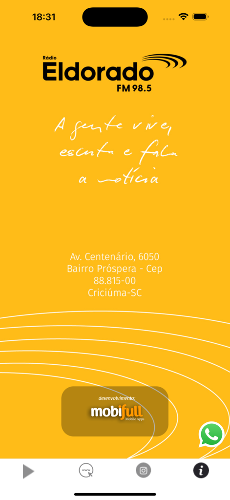 Eldorado - A tela inicial do aplicativo Radio Eldorado de Criciúma, apresentando seu logotipo, slogan e informações de contato em um fundo amarelo brilhante.