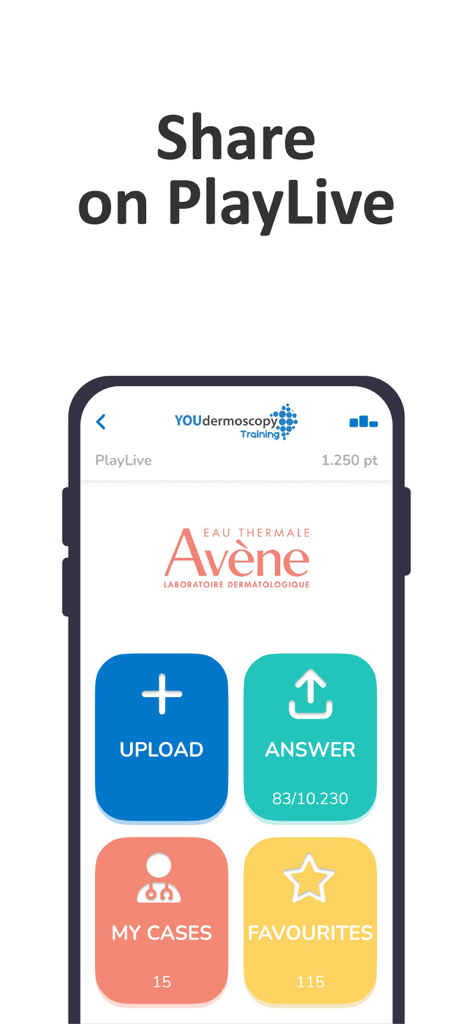 YOUdermoscopy - Pantalla de teléfono inteligente que muestra la función YOUdermoscopy PlayLive con opciones para subir casos y responder preguntas médicas.