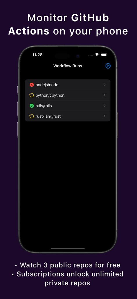 Test Reflector - Test Reflector app interface showing GitHub Actions workflow status for multiple repositories on an iPhone.
