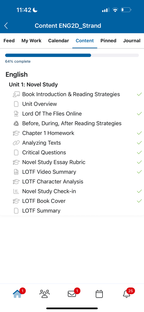 A screenshot of the Edsby app showing the course content for an English novel study unit with a progress bar and a list of lessons and assignments.