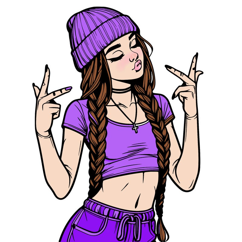 realistic teenage girl with braids and a beanie and crop top doing 🫶🏼