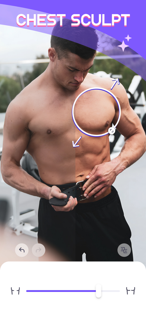 WOW Body - Best Body Editor - Mobile app interface showing the chest sculpt feature enhancing a man's pectoral muscles with adjustment sliders