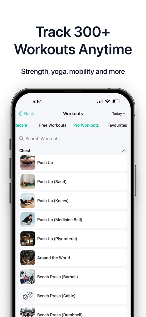 Hint Diet Plan Calorie Counter - Interfaz de la aplicación Hint que muestra una lista de ejercicios profesionales para ejercicios de pecho, incluyendo opciones de flexiones y press de banca