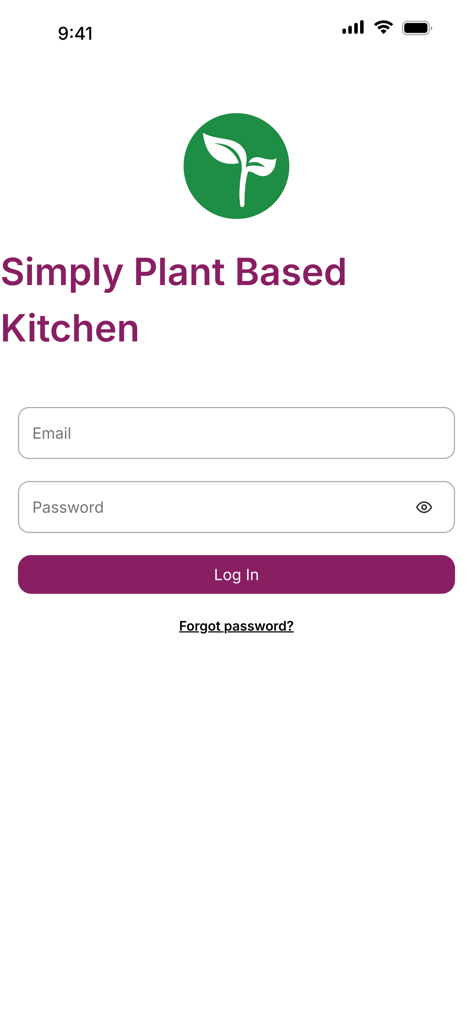Login screen of the Simply Plant Based Kitchen mobile app with email and password fields