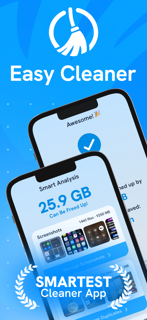 Interfaz de la aplicación Easy Clean mostrando análisis de almacenamiento y la cantidad de espacio que se puede liberar en un iPhone.