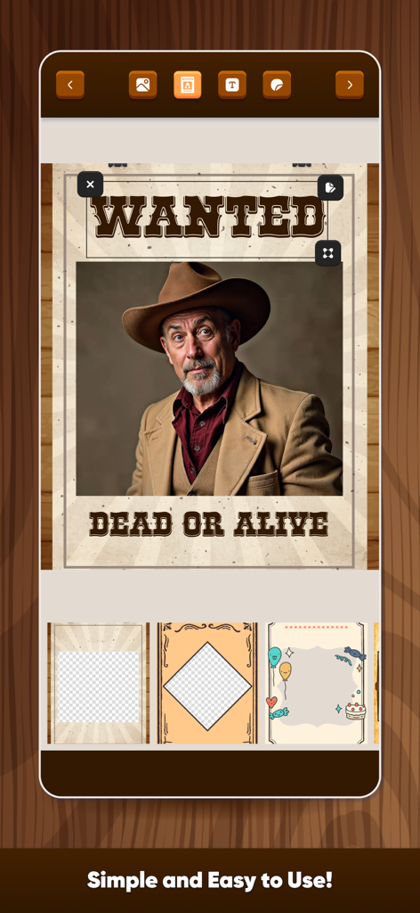 Wanted Poster wild west - Interface of a Wild West Wanted poster creator app showing a custom photo of a man in a cowboy hat and the text Dead or Alive