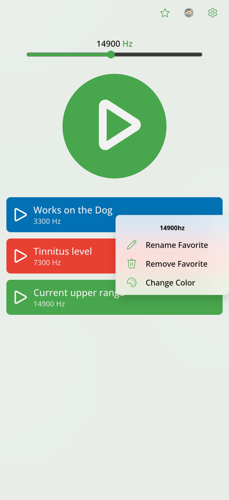 A mobile interface for the Tinnitus Frequency App showing saved frequency favorites and a customization menu.
