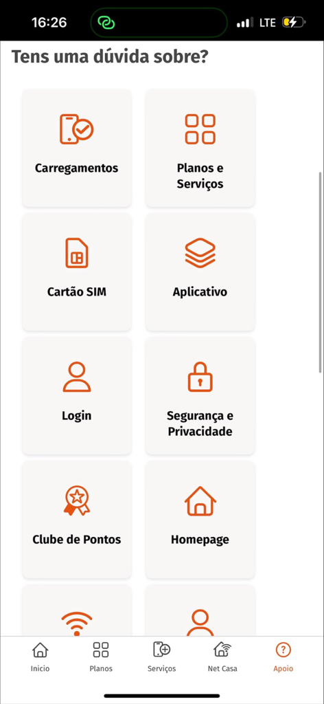 MyUnitel mobile application support screen showing help categories for top ups plans and security
