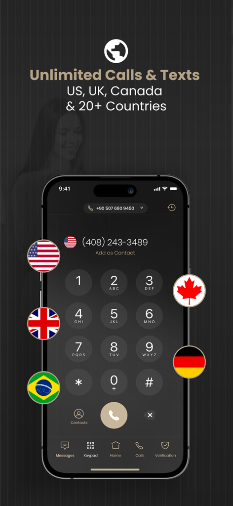 2nd Line+ Second Phone Number - Mobile app keypad for international calls and texts with flags of multiple countries