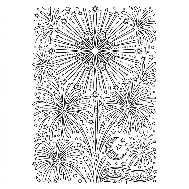 Ignite the celebration with this exciting birthday fireworks coloring page, perfect for young artists. Full of dynamic bursts and twinkling stars, it's a joyous scene awaiting a splash of color.