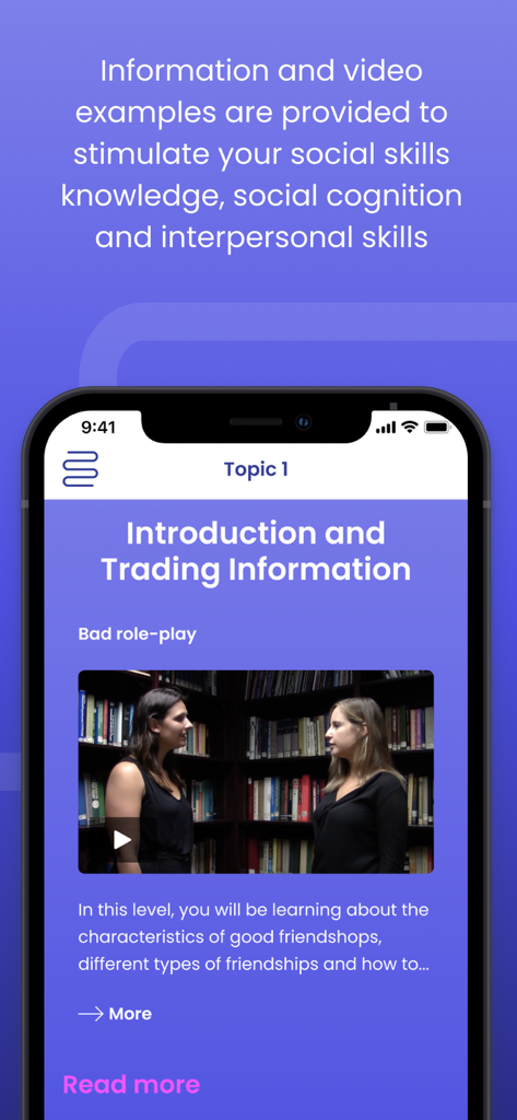 Interfaz de la aplicación PEERS que muestra una lección de juego de rol en video sobre habilidades sociales y el intercambio de información