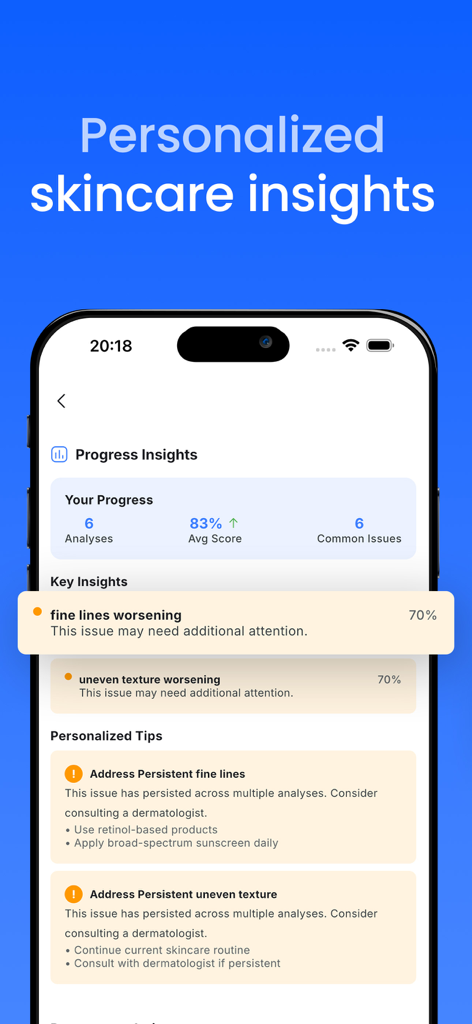 AI Skin Scanner Face Analyzer - Schermata di uno smartphone che mostra insight personalizzati sul progresso della pelle e raccomandazioni sul trattamento