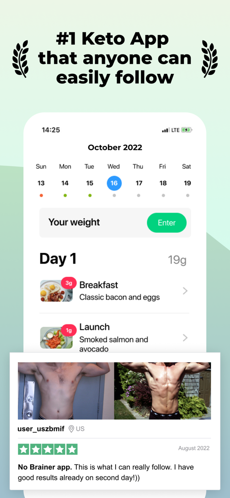 Easy Keto app interface showing a daily meal plan with bacon and eggs and a positive user transformation review.