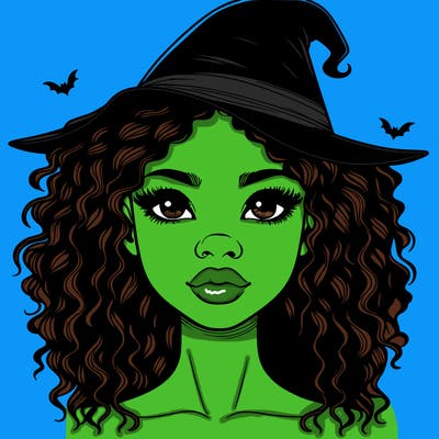 realistic black girl with wavy hair and witch hat and nose and lips