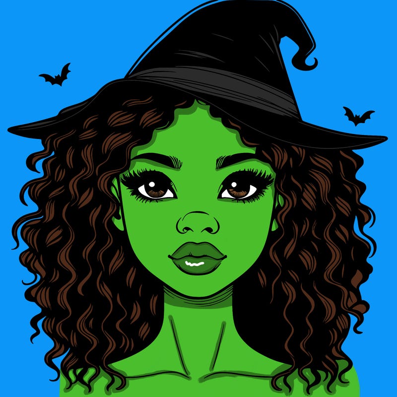 realistic black girl with wavy hair and witch hat and nose and lips
