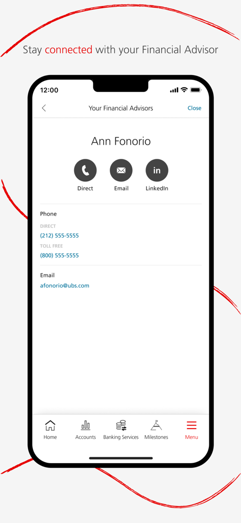 A screenshot of the UBS Wealth Management app showing the contact page for a financial advisor with options to call, email, or connect on LinkedIn.
