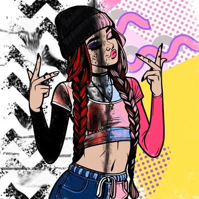 realistic teenage girl with braids and a beanie and crop top doing 🫶🏼